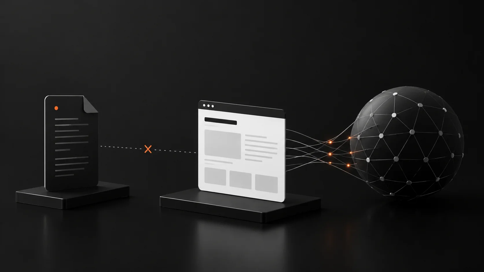 Representación minimalista de un archivo de texto conectado a un sitio web y una red de inteligencia artificial, con una ruta de datos bloqueada para ilustrar por qué tener un llms.txt no garantiza mayor visibilidad ni citaciones en sistemas de IA.